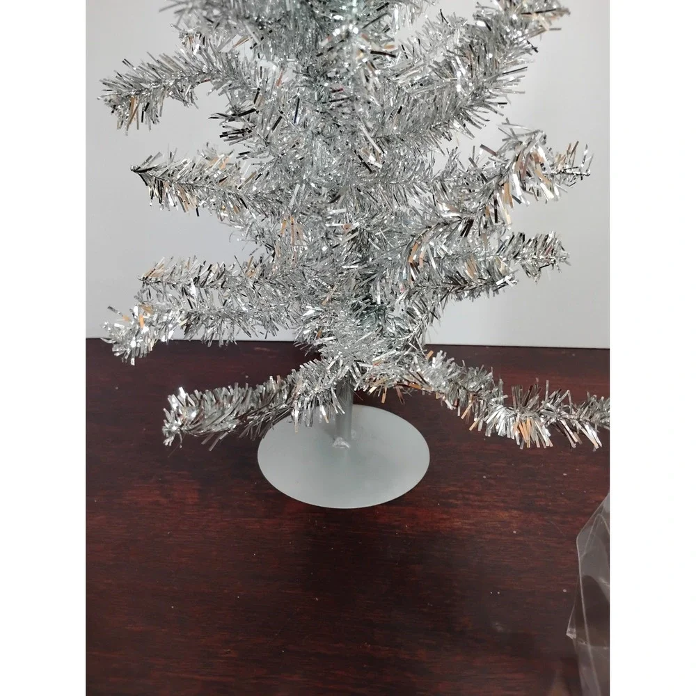 Silver Tinsel Tabletop Christmas Tree 20in and 3 White Polar Bear Ornaments Set